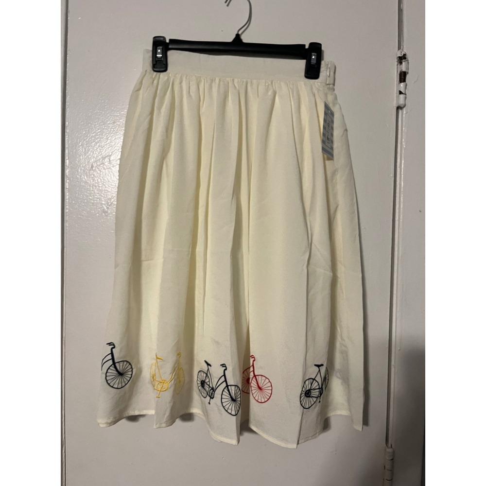 Tulip B Womens Cream Bicycle Embroidered A-Line Midi Skirt Size M New